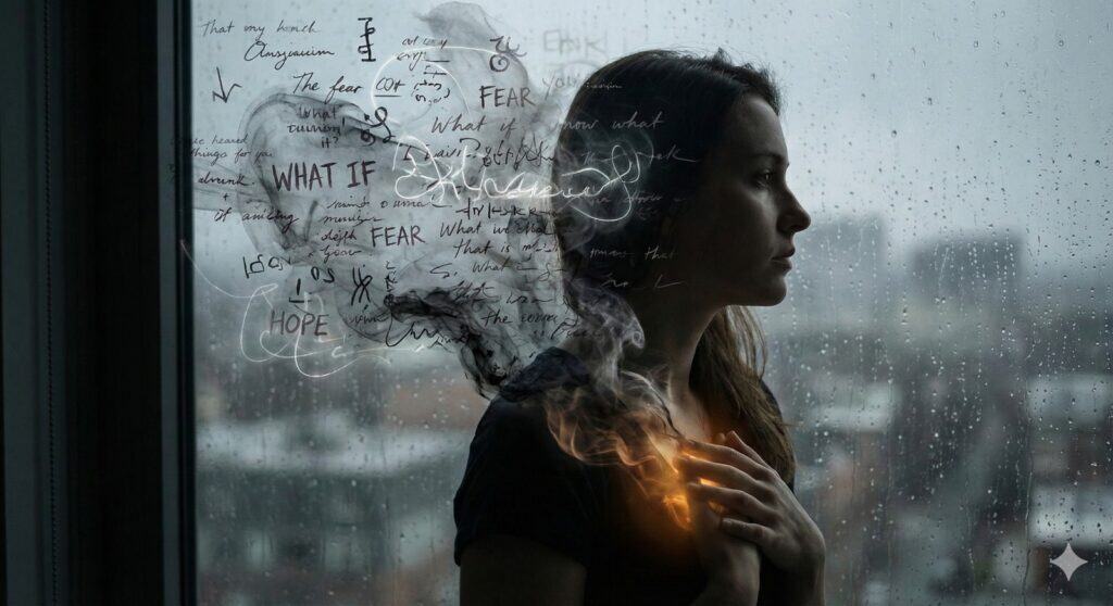 אישה עומדת מול חלון ומניחה יד על החזה המואר שלה, כשמאחוריה ענן עשן של דפוסי חשיבה מעכבים המורכבים ממילים כמו פחד וספק.