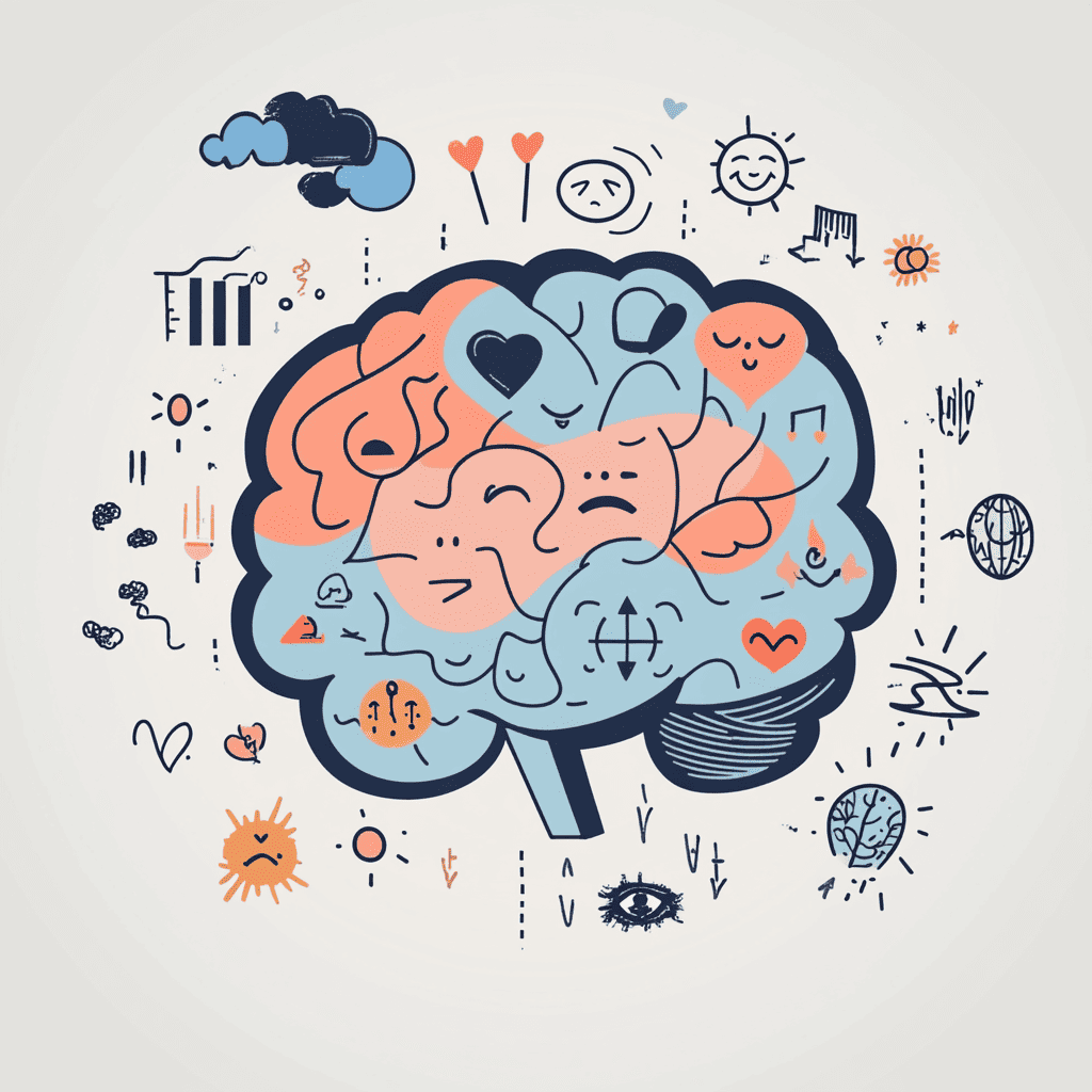 איור מודרני של מוח אנושי, בתוכו אייקונים קטנים של רגשות שונים