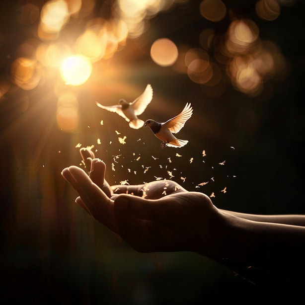 דיים פתוחות משחררות יונה לחופשי באור זהוב - מטאפורה חזותית לשחרור דפוסים מגבילים בתהליך אימון אישי לחיים והמעבר מהערכה חיצונית לחיבור פנימי אמיתי