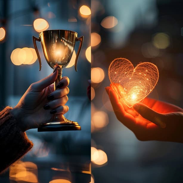 תמונה מחולקת המציגה יד אוחזת בגביע זהב לעומת ידיים מחזיקות בלב זוהר - המחשה חזותית של הפער בין הערכה חיצונית לחיבור פנימי שאימון אישי לחיים עוזר לאזן.