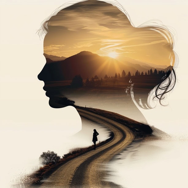 תמונת פרופיל אישה בשקיעה עם נוף הרים - מטאפורה חזותית למסע הפנימי והחיצוני באימון אישי לחיים, המציגה את הדרך לאיזון בין הערכה חיצונית לחיבור פנימי אמיתי