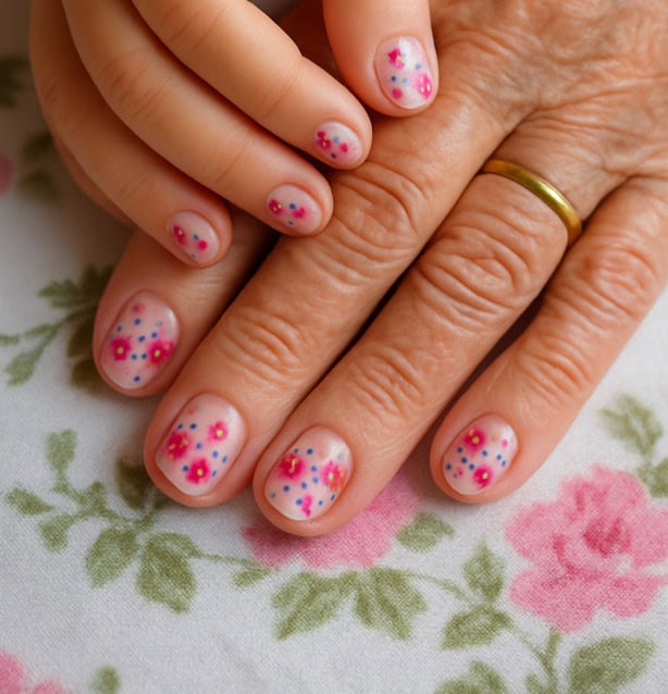 תמונת ידיים של ילדה וזקנה עם אותו עיצוב לק פרחוני - מטאפורה חזותית לדפוסי ילדות הממשיכים להשפיע בבגרות, נושא מרכזי באימון אישי לחיים.