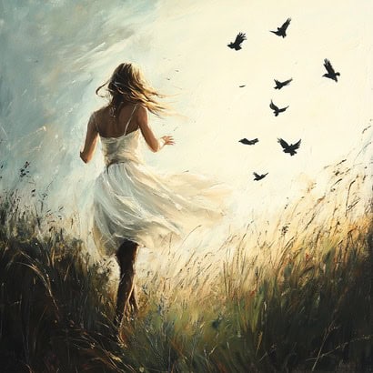 אישה רצה חופשית בשדה עם ציפורים – דימוי לחופש רגשי בתהליך של אימון אישי