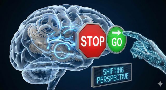 אילוסטרציה של מוח עם גלגלי שיניים ויד לוחצת על כפתור GO ירוק ליציאה ממצב של תקיעות.