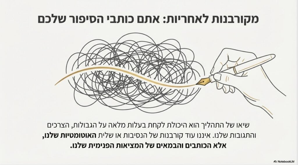 איור סמלי שמדגים את כיול מנגנון כוח התודעה, יד האוחזת בעט והופכת שרבוט אפור ומבולגן (כאוס) לקו זהוב, חלק וברור. הטקסט מדגיש את המעבר מקורבנות לנסיבות ללקיחת אחריות מלאה על המציאות הפנימית.