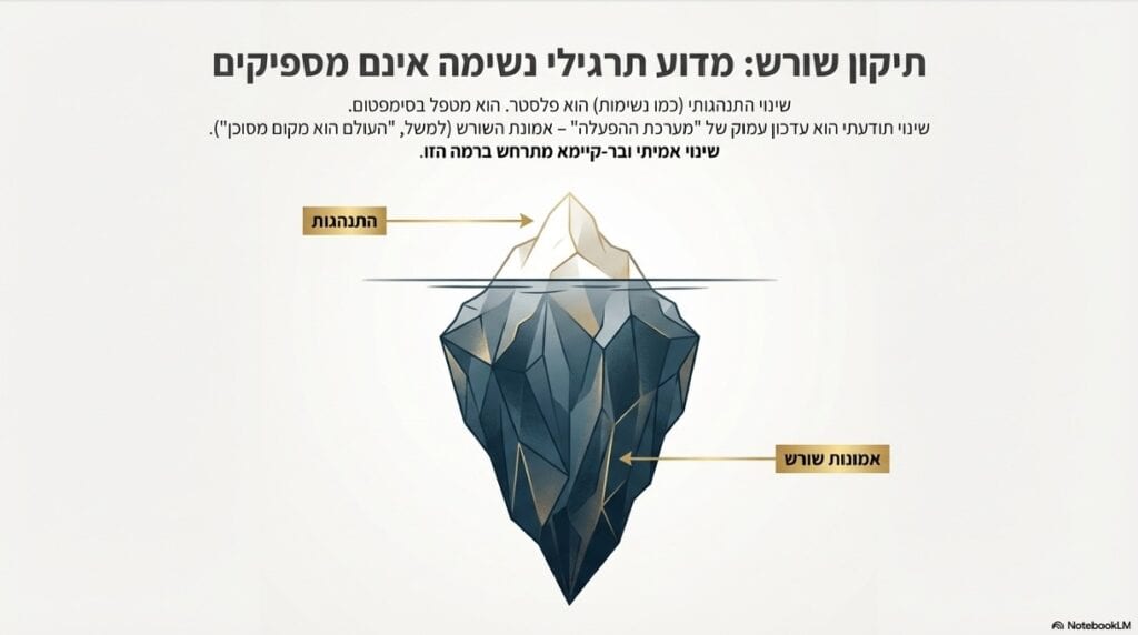 איור של קרחון הממחיש את ההבדל בין שינוי התנהגותי (קצה הקרחון - "כמו פלסטר") לבין שינוי עמוק של כוח התודעה (בסיס הקרחון - "אמונות שורש").