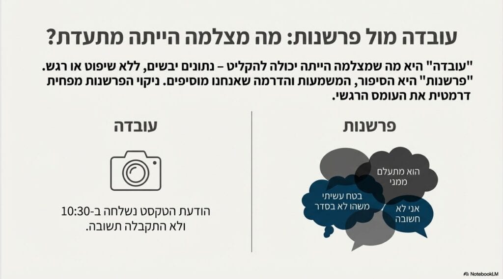 אינפוגרפיקה המשווה בין עובדה לפרשנות. בצד ימין בועות מחשבה עם פרשנויות שליליות ("הוא מתעלם ממני"), ובצד שמאל אייקון מצלמה המייצג עובדות יבשות. הכלי מסייע לפתח את כוח התודעה ולהפריד רגש מעובדות.