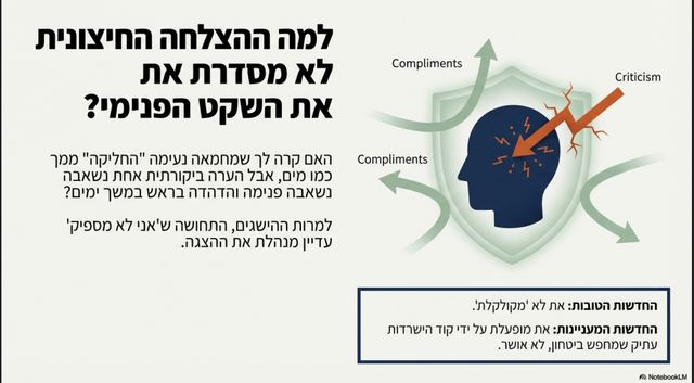 תרשים הממחיש מדוע אמונה עצמית נפגעת: מחמאות מחליקות מעל "המגן" כמו מים, בעוד שחץ של ביקורת אחת חודר פנימה ויוצר רעש פנימי.