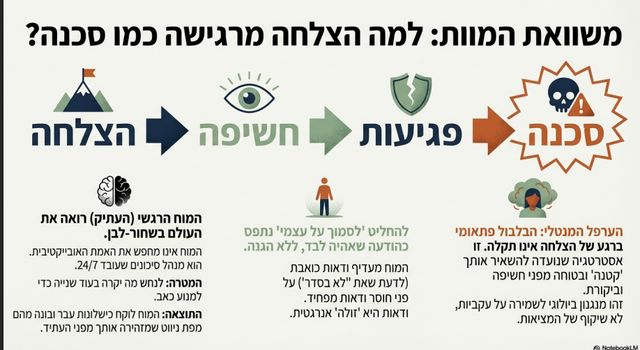 אינפו-גרפיקה המציגה את "משוואת המוות": תרשים זרימה המראה כיצד המוח מתרגם הצלחה לחשיפה, פגיעות וסכנה. התרשים מסביר מדוע רגע לפני פריצה מופיע "ערפל מנטלי" שמונע אמונה עצמית ומגן מפני ביקורת.