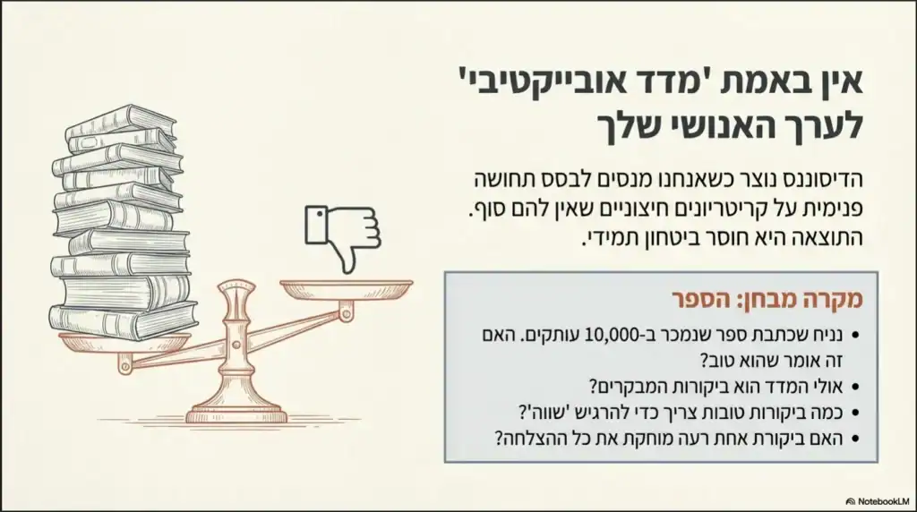 איור של מאזניים וספרים הממחיש שאין מדד אובייקטיבי לערך עצמי האנושי.