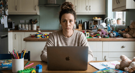 אישה יושבת מול מחשב נייד במטבח ביתי עמוס צעצועים, במבט נחוש הממחיש את המושג קונפליקט בית עבודה.