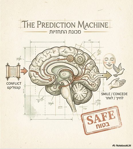 טקסט אלטרנטיבי: שרטוט טכני של המוח כמכונה המעבדת קונפליקט לפלט של ריצוי כדי להרגיש "בטוח".