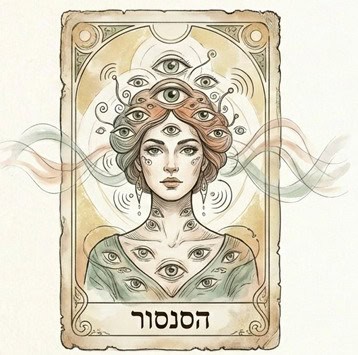 איור אמנותי של אישה עם עיניים רבות המייצגת רגישות יתר ומודעות המובילה לריצוי.