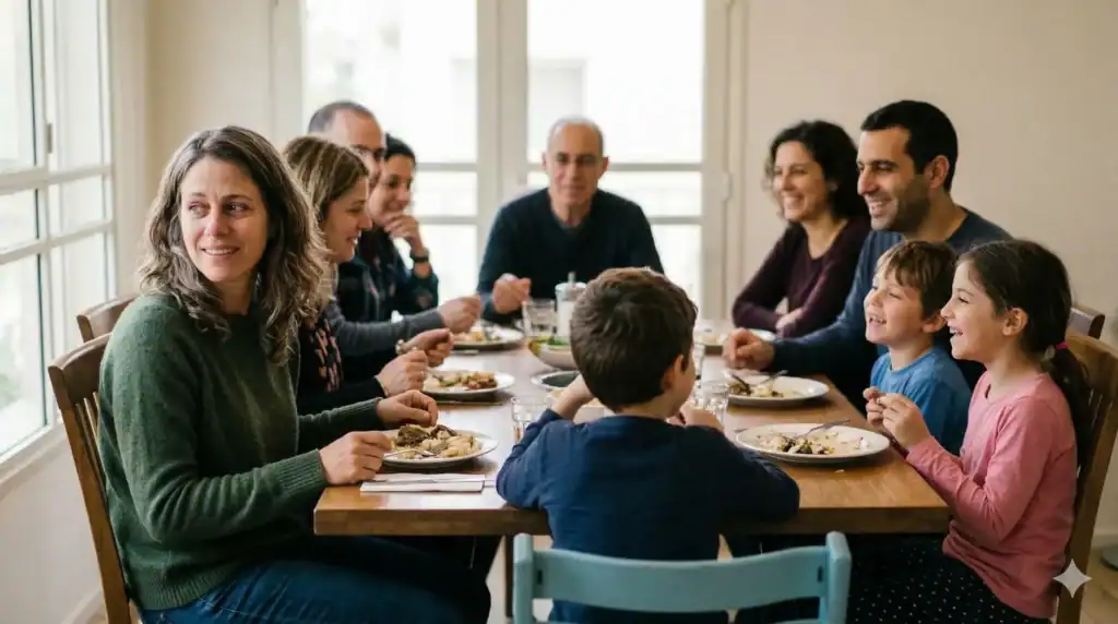 אישה בגילאי 35-50 יושבת בארוחת ערב משפחתית הומה עם בעל וילדים צוחקים, מוקפת במשפחה אך "מרגישה לבד" למרות הסביבה. יחס 16:9.