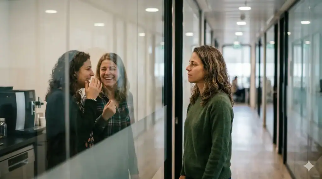 אישה בגילאי 35-50 עומדת במסדרון משרד מודרני הומה, מוקפת בקולגות מטושטשות שמדברות ביניהן בפרטיות, "מרגישה לבד" למרות הסביבה. יחס 16:9.