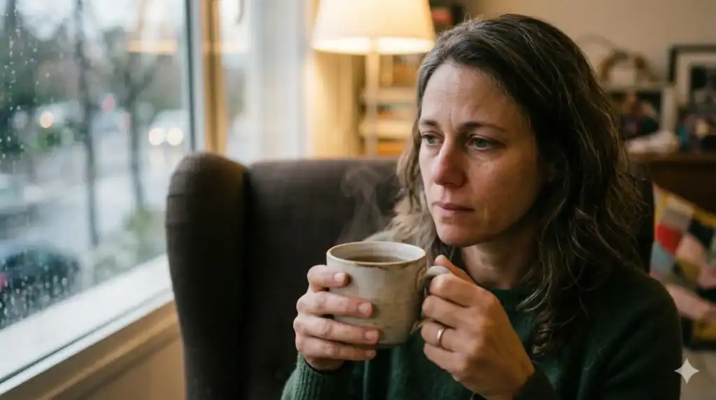 אישה בגילאי 35-50 יושבת לבדה בבית ואוחזת בספל חם, מרגישה לבד למרות הכל