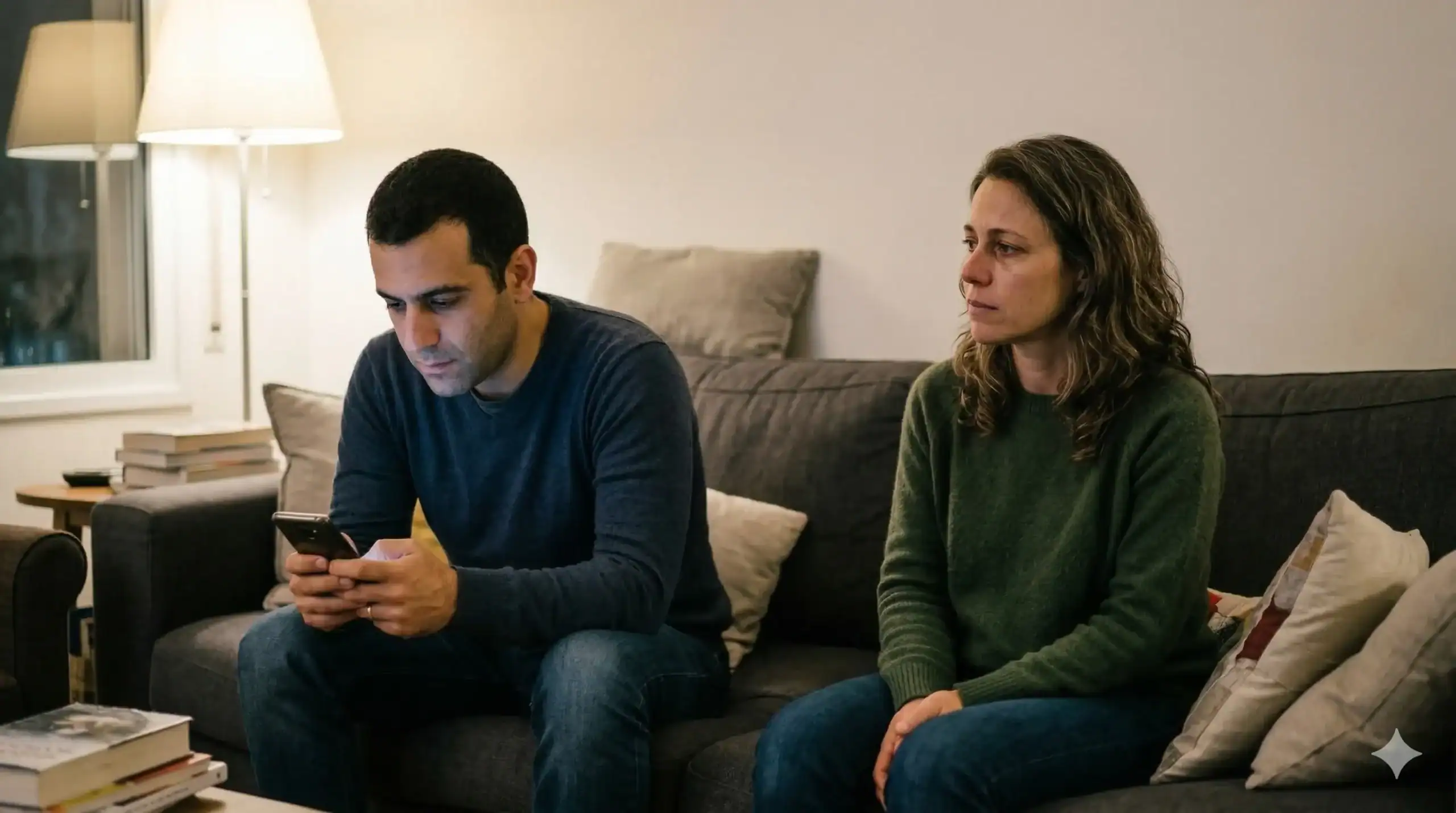 אישה בגילאי 35-50 יושבת בקצה אחד של ספה עם בעלה (ששקוע בטלפון) בערב, "מרגישה לבד" בזוגיות למרות הקרבה.