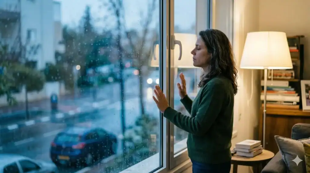 אישה בגילאי 35-50 עומדת לבדה מול חלון גדול ביום גשום, מביטה החוצה בעצב שקט ומבודד, "מרגישה לבד" למרות הכל.