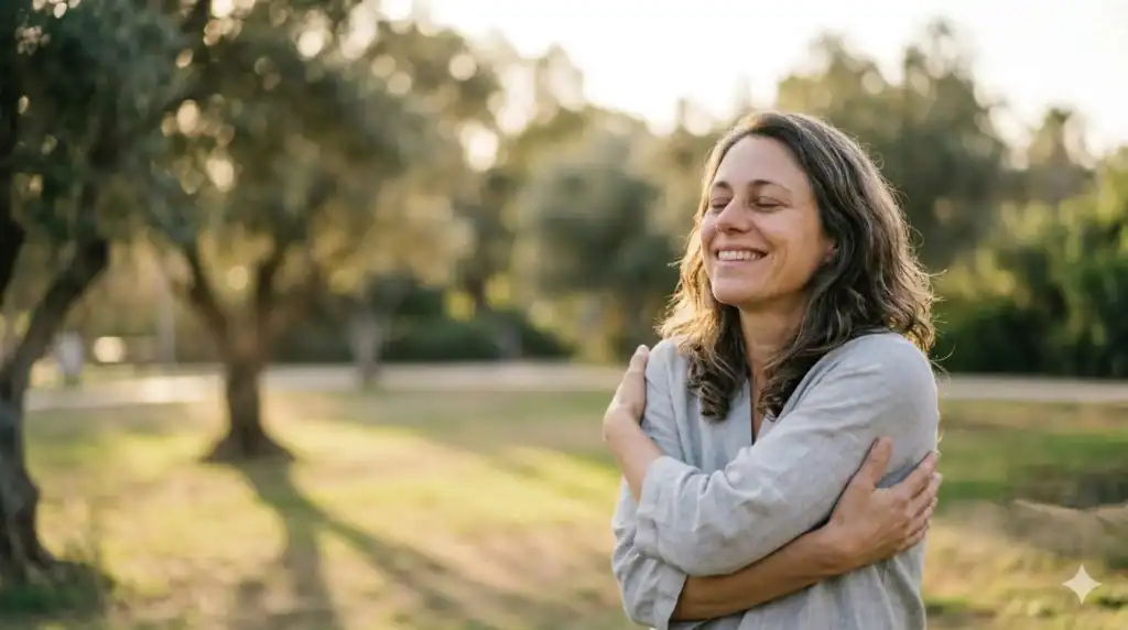 אישה בגילאי 35-50 עומדת לבדה בפארק ומוקפת בעצים, לוקחת נשימה עמוקה ומחבקת את עצמה קלות, "מרגישה לבד" אך בחיבור פנימי.