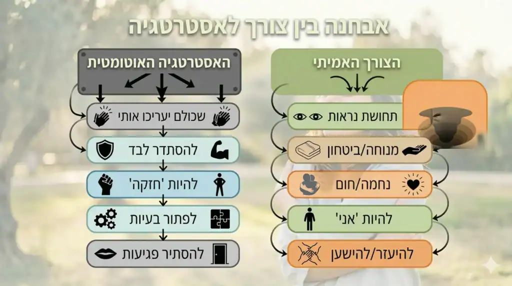 אינפוגרפיקה מעוצבת בצבעים רכים המציגה את ההבחנה בין 'צורך' ל'אסטרטגיה' במאמר: האסטרטגיה האוטומטית (שכולם יעריכו אותי, להסתדר לבד, להיות 'חזקה', לפתור בעיות, להסתיר פגיעות) מול הצורך האמיתי (תחושת נראות, מנוחה/ביטחון, נחמה/חום, להיות 'אני', להיעזר/להישען).