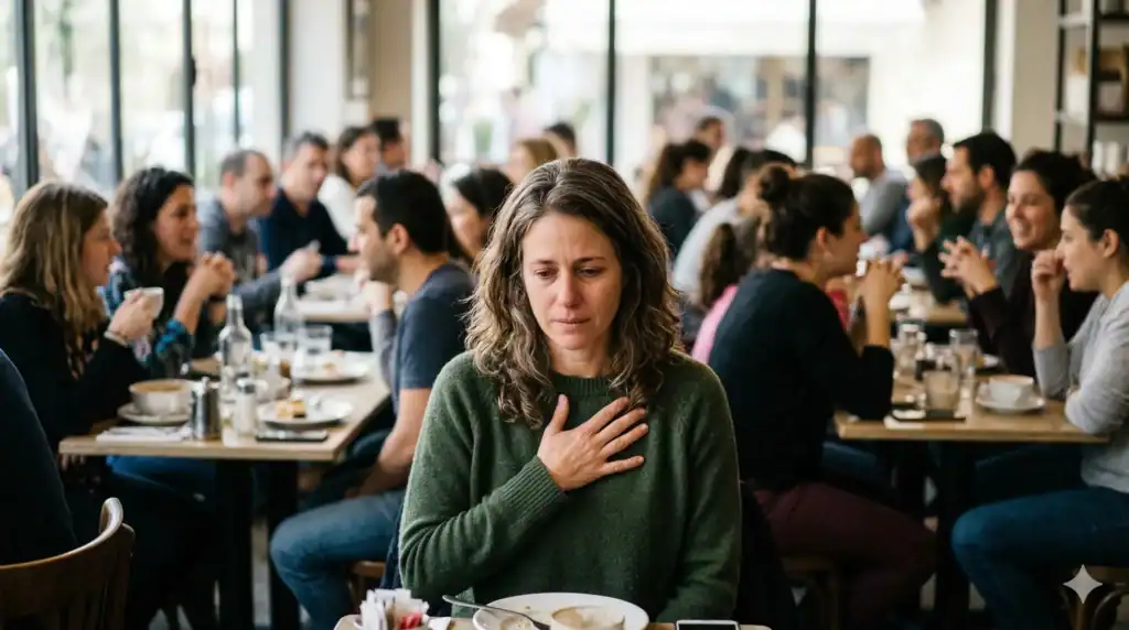 פורטרט מרגש של אישה בגילאי 35-50, יושבת לבדה בבית קפה הומה ומוקפת באנשים מטושטשים, "מרגישה לבד" למרות הסביבה. יחס 16:9.