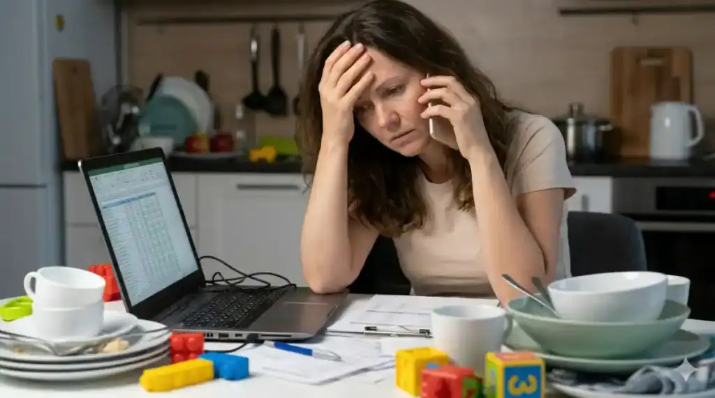 צילום תקריב של אישה מותשת, פנים מכווצות, ידה על מצחה, seated מול שולחן מטבח עמוס ומבולגן: צעצועים, ניירות, כלי בישול, טלפון, laptop.