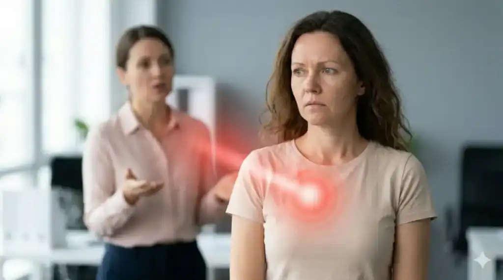 צילום מודרני משרדי: אישה (30–50) מכווצת, ידה על הלב, במתח מול קולגה (מטושטש). מרגישה הצפה של רגשות אשמה