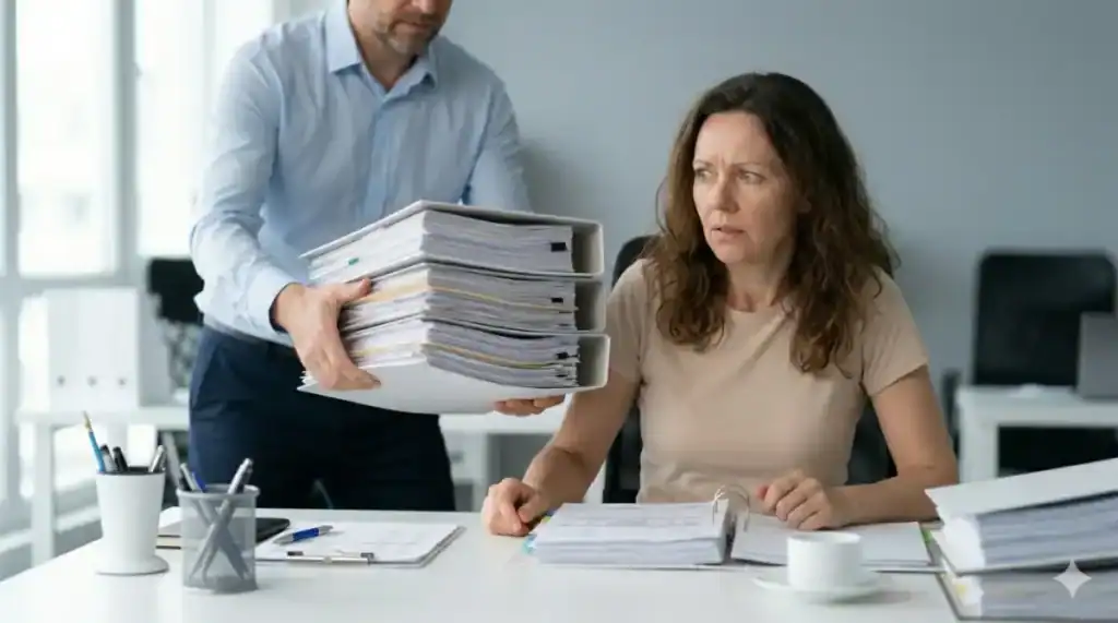 צילום משרדי: מנהלת (קרן), אישה (30–50) מתוך הfeatured image (אך מודאגת),seated במשרד, עובד (מטושטש) מניח ערימת תיקיות על שולחנה. הסבר על רגשות אשמה בעבודההיא מסתכלת על הערימה בהבעת דאגה.