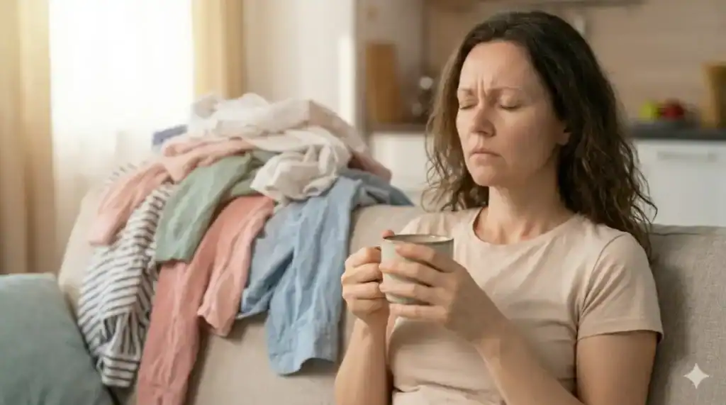 צילום ביתי ריאליסטי: אישה (30–50) מתוך הfeatured image (אך מודאגת),seated על ספה ביום שישי אחה"כ, מחזיקה כוס קפה, עיניים עצומות, מרגישה רגשות אשמה מול ערימת כביסה (מטושטשת מעט) שלא קופלה.