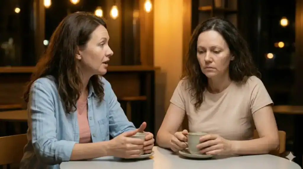 צילום מודרני מבית קפה בערב: אישה (30–50) מתוך הfeatured image (אך מותשת), staring blankly מול חברה שומעת (מטושטש).