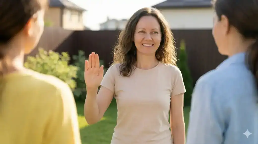 צילום ריאליסטי מואר מחצר ביתית: אישה (30–50) מתוך הfeatured image (אך מחייכת), בבגדי יום-יום נוחים, מחייכת בחצר ביתית. היא מרימה יד בתנועת "עצור" עדינה וקלילה כלפי מטה.