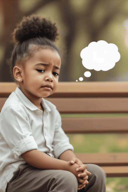 ילדה קטנה ועצובה יושבת על ספסל עם בועת מחשבה ריקה, ממחישה איך נוצרים דפוסי חשיבה בילדות.