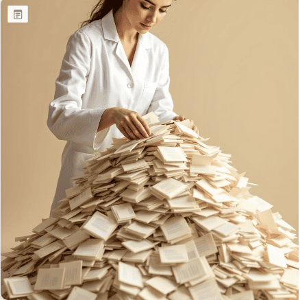 אישה בחלוק לבן ממיינת ערימה ענקית של פתקים, מסמלת כיצד המוח מסנן מידע כדי לאמת דפוסי חשיבה קיימים.