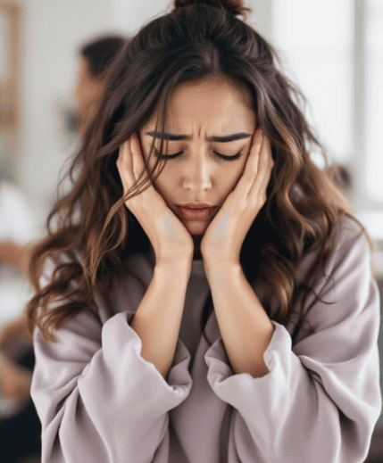 אישה נראית מותשת ולחוצה אוחזת בפניה בשתי ידיה, ממחישה את המחיר הרגשי והגופני שגובים דפוסי חשיבה שליליים.